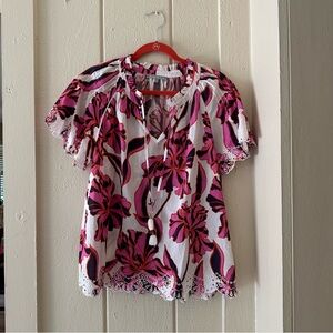 EXCELLENT DANIEL RAINN ANTHROPOLOGIE PINK/WHITE FLORAL BLOUSE TOP L